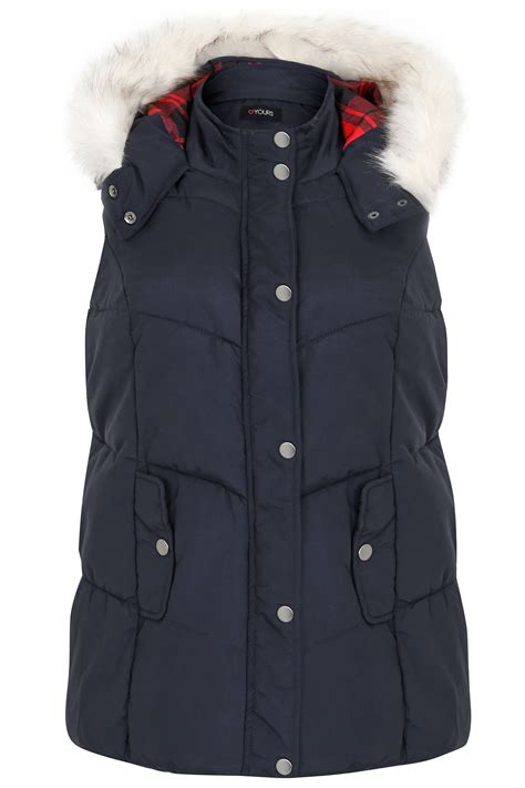 Navy Padded Gilet With Faux Fur Hood And Checked Lining Plus Size 16 To 36