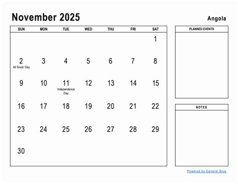 November 2025 Planner With Angola Holidays