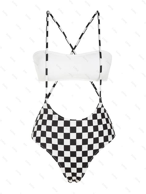 Zaful Checkerboard Print Criss Cross Ribbed Suspender Bikini Swimwear