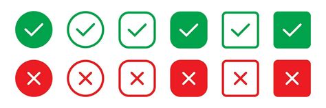 Set Green Approval Check Mark And Red Cross Icons In Circle And Square