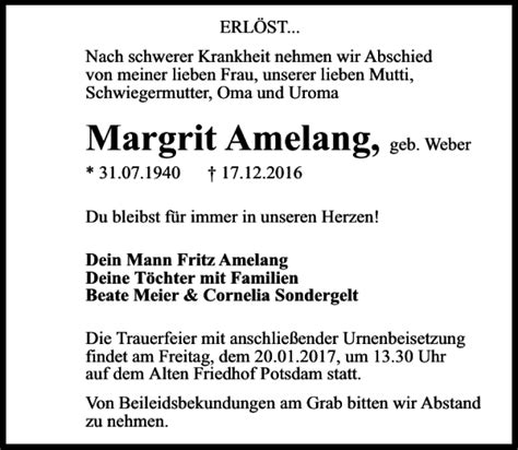 Traueranzeigen Von Margrit Amelang Trauer Anzeigen De