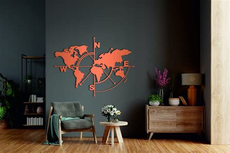 Metal World Map Compass Metal World Map Painting Compass Etsy