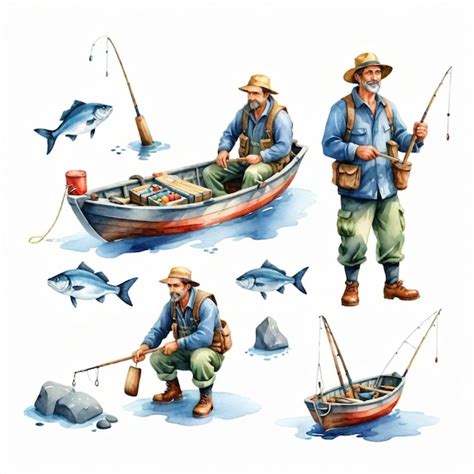 Un Dibujo De Un Hombre Pescando Con Un Bote Y Varios Peces Vector