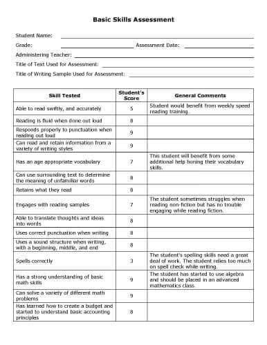 Basic Skills Assessment 8 Examples Format Pdf