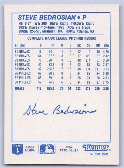 Steve Bedrosian Kenner Starting Lineup Card Philadelphia