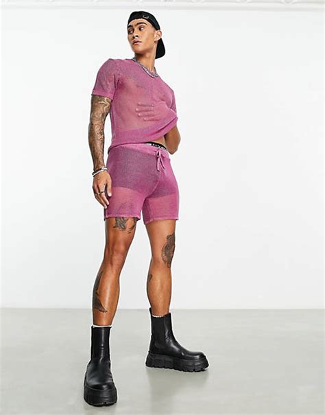 Asos Design Short Van Gebreid Mesh In Metallic Roze Deel Van Co Ord