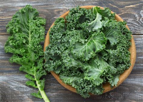 fresh green curly kale leaves   wooden table stock photo image