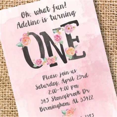 First Birthday Invitation Girl 1st Birthday Invite Pink Floral One Baby ...