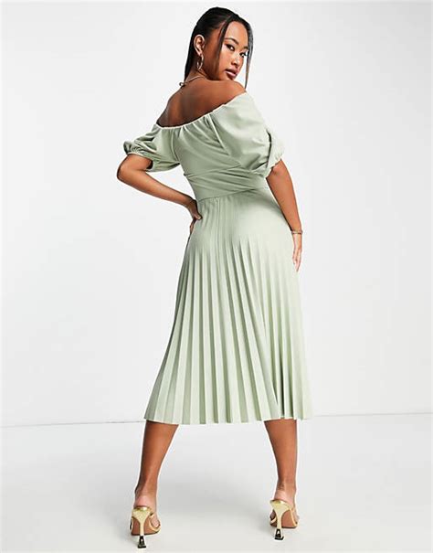 Asos Design Puff Sleeve Fallen Shoulder Pleated Midi Dress In Sage Asos