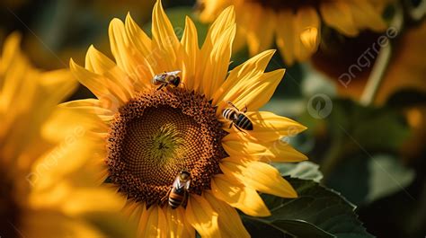 Honey Bees Sitting On A Sunflower Flower Background Closeup Photo Of