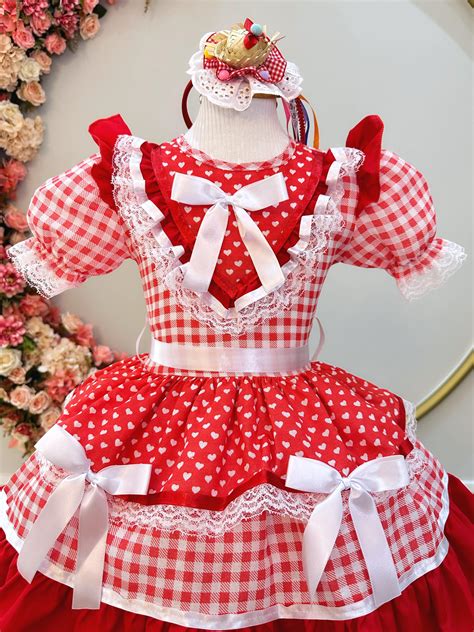 Fantasia Infantil Junino Vermelho Xadrez C Babados Luxo Rosa