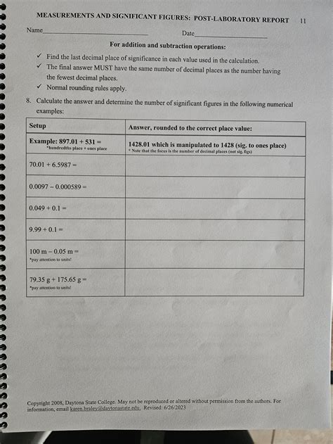 Solved Measurements And Significant Figures Post Laboratory Report