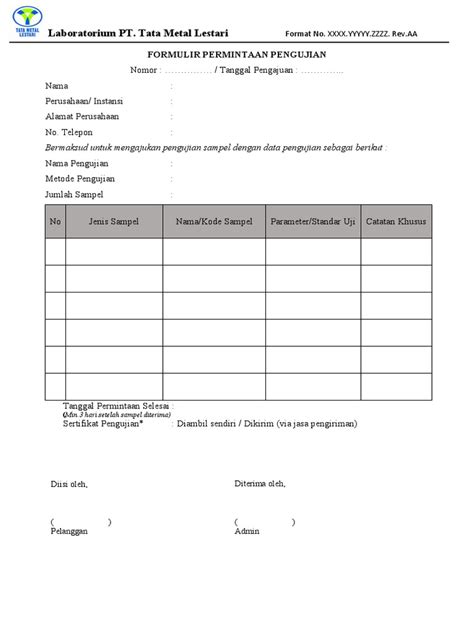 Formulir Permintaan Pengujian Laboratorium Pdf