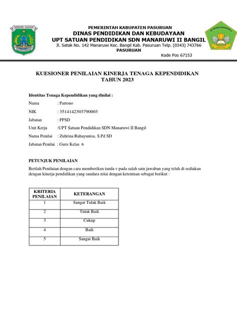 Dokumen Penilaian Kinerja Tenaga Kependidikan Berupa Format Penilaian Kinerja Pdf