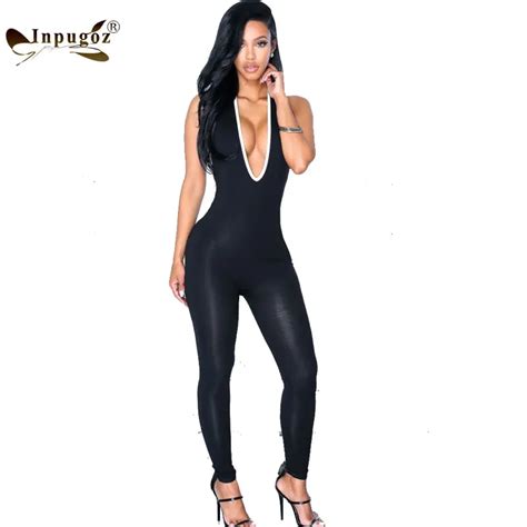 2016 Deep V Neck Open Bust Sexy Women Full Bodysuits Solid Black Long