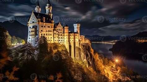 Night view of Neuschwanstein Castle. Generative AI 32978045 Stock Photo ...