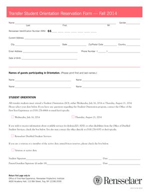 Fillable Online Admissions Rpi Transfer Student Orientation Form