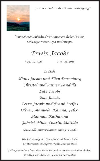 Traueranzeigen Von Erwin Jacobs Wirtrauern