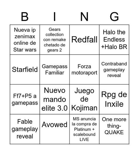 Xbox Showcase Bingo Card