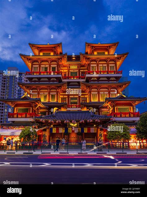 A View Of Majestic Buddha Tooth Relic Temple And Museum In The Evening