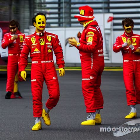 Prompthunt Ferrari Clowns Dancing In Front Of Crying Charles Leclerc