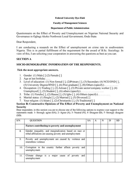 Questionnaire Poverty And Unemployment Federal University Oye Ekiti