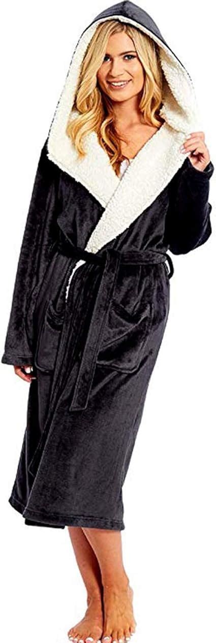 Womens Hooded Bathrobe Fuzzy Fleece Robe Sherpa Lined Spa Robe Dressing