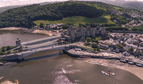 Aerial View of Conwy Castle with Bridges. North Wales, United Kingdom ...