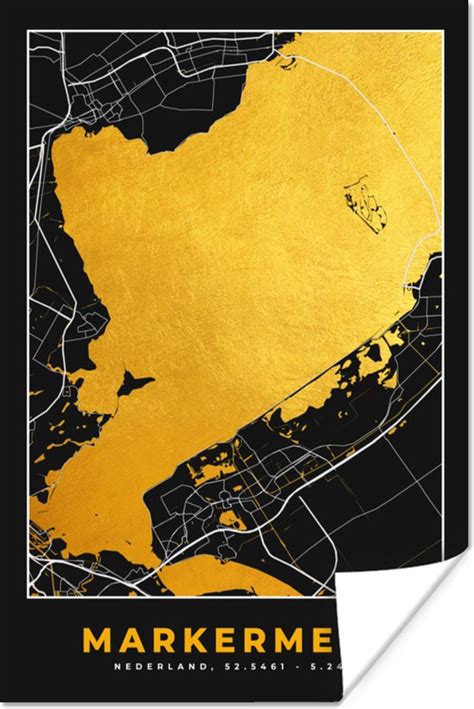 Poster Kaart Plattegrond Markermeer Stadskaart Goud 40x60 Cm