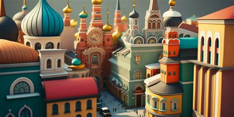 Colorful Cartoon-Style Russian Town with Cozy Houses and Onion-Shaped ...