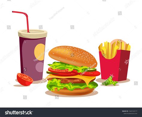 Yummy Burger French Fries And Soda Drink Fast Food And Junk Food Concept Isolated Vector