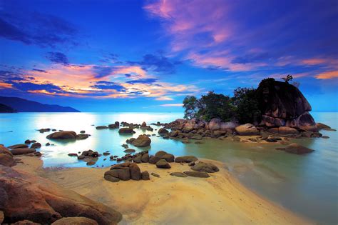 Wallpaper Landscape Sunset Sea Bay Rock Shore Sand Clouds