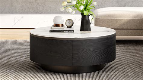 Odette Inch Modern Round Drum Marble Top Coffee Table With Drawers