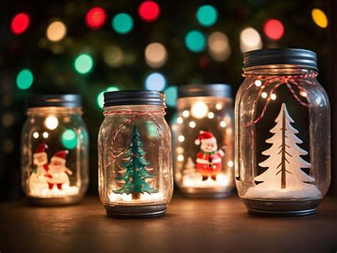 Tres tarros de cristal con luces navideñas y un árbol de navidad Foto