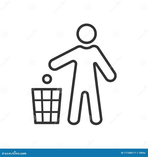 Black Isolated Outline Icon Of Man Throw Garbage To Dustbin On White