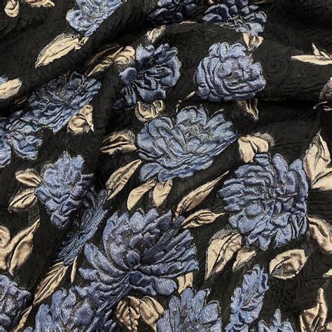 Blue Flowers On A Black Background Silk Brocade Fabric — Tissus En Ligne