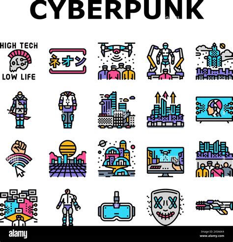 Cyberpunk Digital City Future Icons Set Vector Stock Vector Image And Art