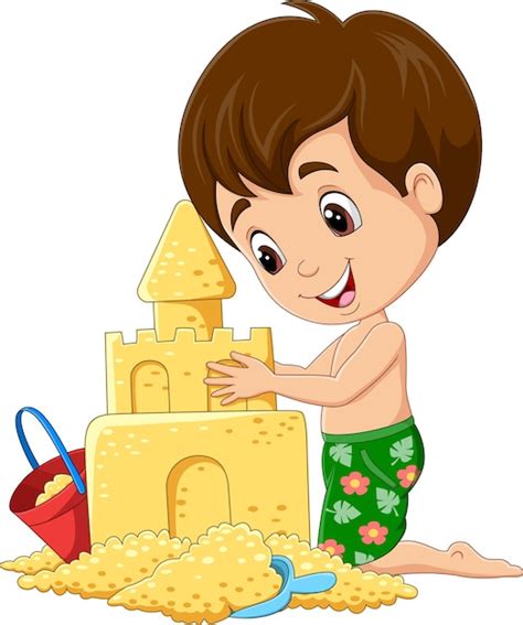 Premium Vector Cartoon Little Boy Making Sand Castle