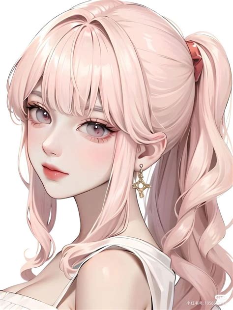 An Anime Girl With Long Pink Hair And Bangs Wearing A White Dress Is Looking At The Camera