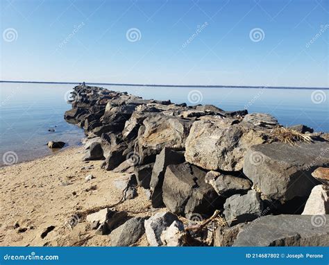 North Shore Area Long Island New York Rock Jetty Water Stock Photo