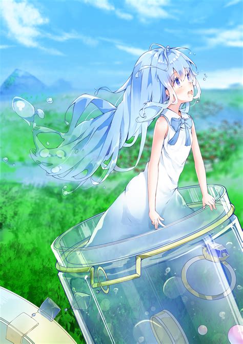 Safebooru 1girl D Bare Arms Bare Shoulders Blue Bow Blue Eyes Blue Hair Blue Sky Blurry