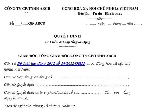 Mẫu Quyết định Chấm Dứt Hợp đồng Lao động Mới Nhất Hiện Nay