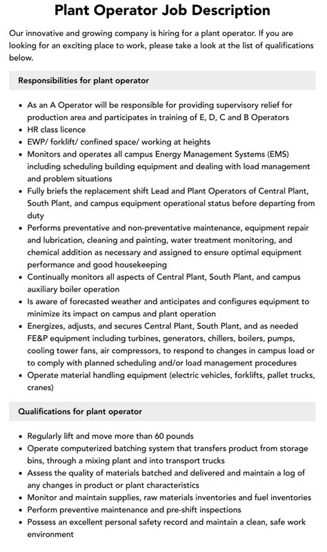 Plant Operator Job Description Velvet Jobs