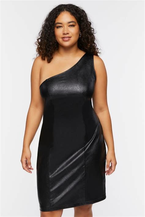 Plus Size Faux Leather One Shoulder Dress