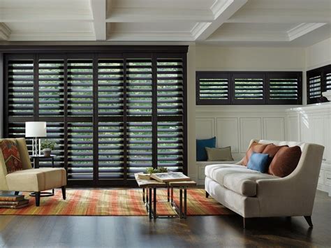 Plantation Bypass Shutters For The Large Sliding Glass Doorway Contemporary Living Room