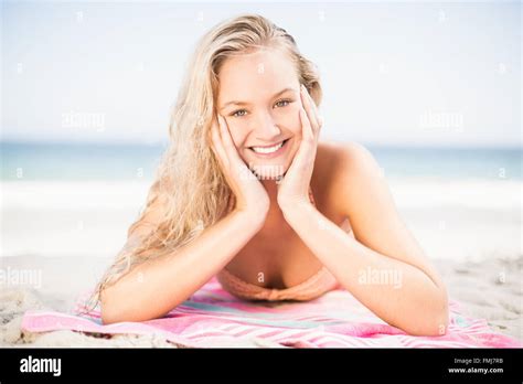 Happy Woman In Bikini Lying On The Beach Stock Photo Alamy
