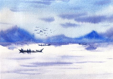 Art De Fond Aquarelle Paysage Fluvial C T Montagne Vecteur Premium