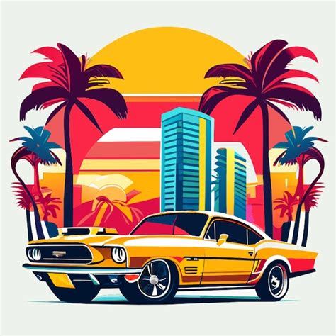 Diseño de camiseta detallado viejo ford mustang puesta de sol edificios