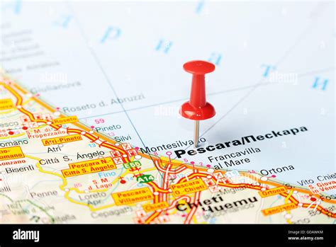 Close Up Of Pescara Italy Map With Red Pin Travel Concept Stock