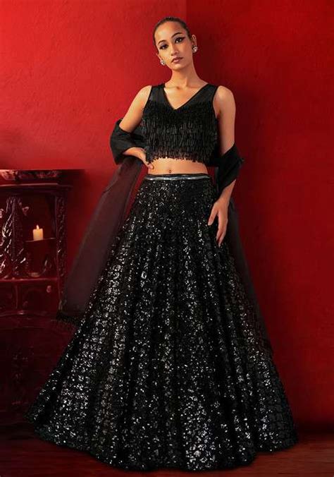 Buy Women Black Sequin Embroidered Lehenga Set With Fringe Embellished